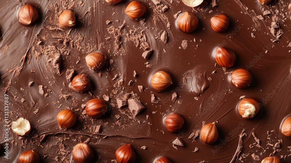 Aufkleber falling hazelnuts into rich melted chocolate creating a delicious and indulgent dessert background w