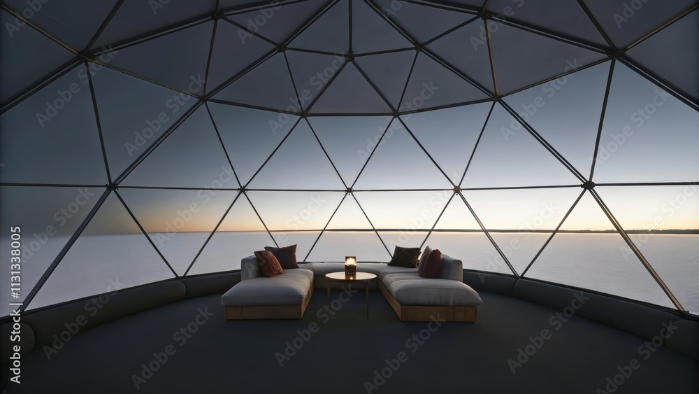 Poster A chic lounge space filled with plush seating where panoramic views of the sky create a calming atmosphere punctuated by a few decorative accents that echo the serenity of the