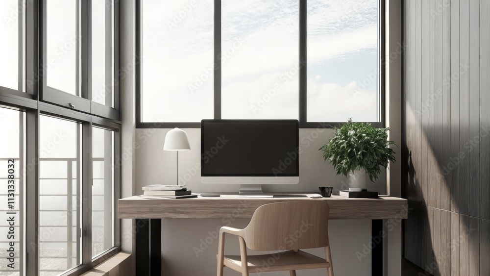 Poster a minimalist home office with a sleek desk positioned against a wall of glass. the unobstructed sky 