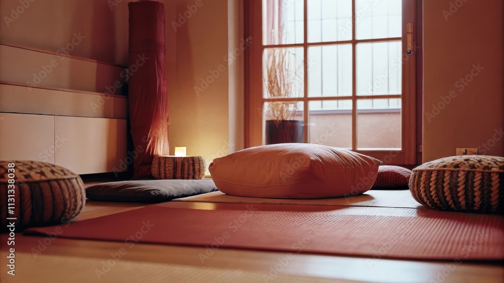Poster a calming yoga space with a soft mat on the floor an assortment of gently worn cushions and moonbeam
