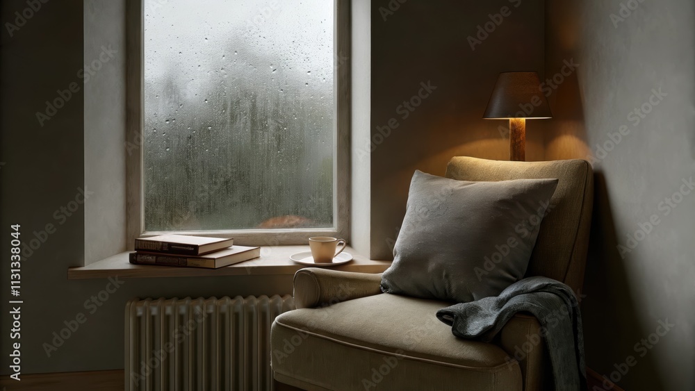 Poster A cozy reading nook nestled in a corner featuring an overstuffed armchair and a small side table. The window frame is dusted with rain while a soft lamp emits a warm glow inviting