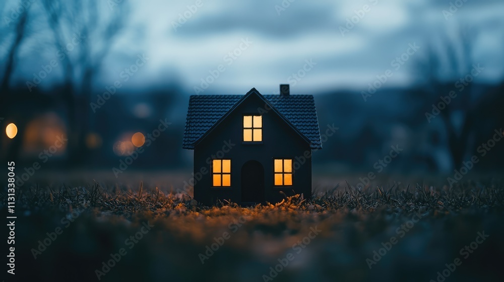 Poster concept image of a cozy illuminated house at dusk surrounded by nature for home design and real esta