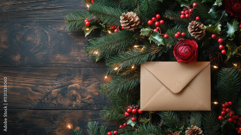 Poster Christmas tree branches with flowers and an envelope surrounded by pinecones on a rustic wooden background in festive arrangement