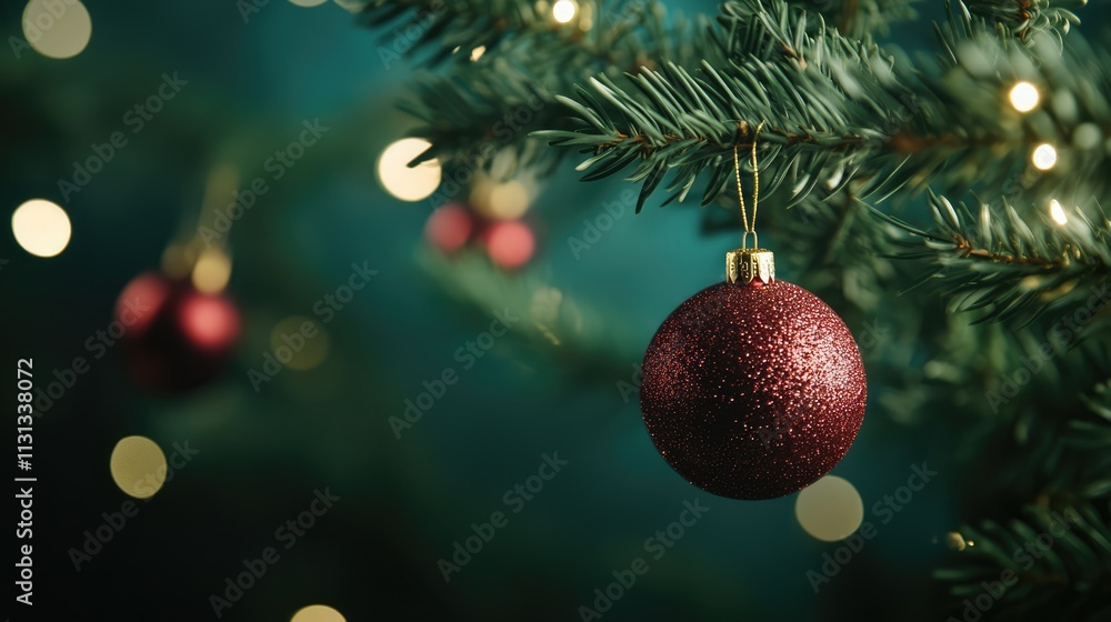 Aufkleber Festive Christmas tree branches adorned with sparkling ornaments and soft glowing lights for a warm holiday atmosphere