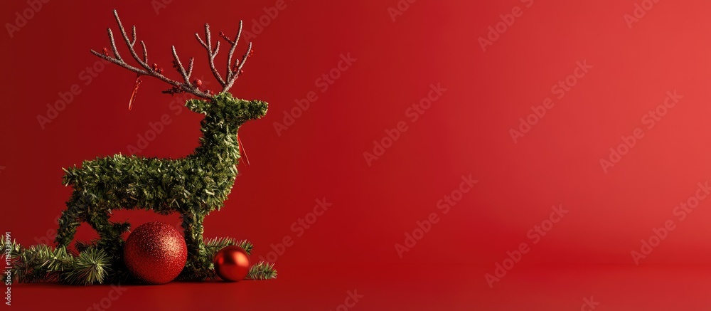 Poster christmas reindeer made of fir branches with ornaments on vibrant red background showcasing minimali