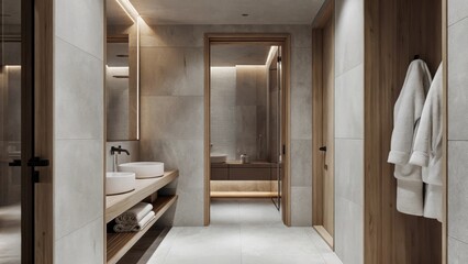 A spalike bathroom where large porcelain tiles glisten in the cool light and luxurious bath towels are neatly rolled on a wooden shelf creating a tranquil and inviting space.