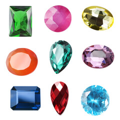 Many different shiny gemstones on white background, set