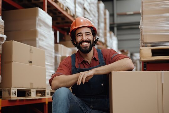 Happy caucasian warehouse worker with boxes. Logistics, storage concept. Suitable for Labor Day, career, business, industry, workplace safety promotions with copy space.