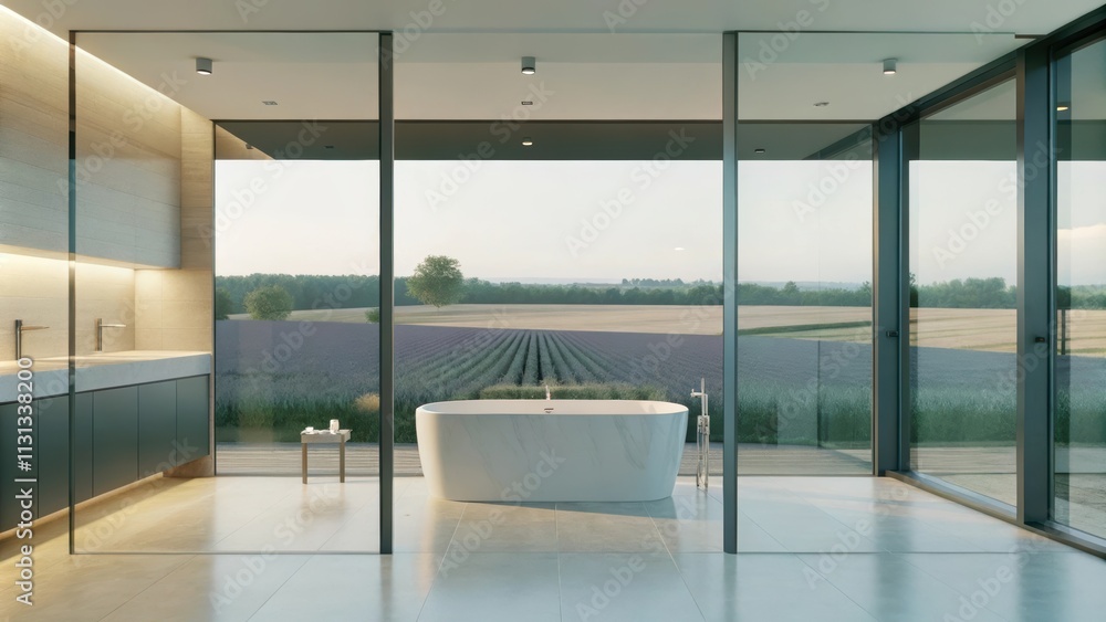 Poster a sleek bathroom with large glass walls providing an unobstructed view of a tranquil lavender field 