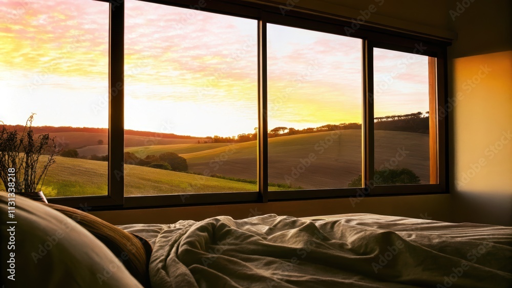 Aufkleber a tranquil bedroom with soft linens where a wall of windows reveals undulating fields and a peaceful