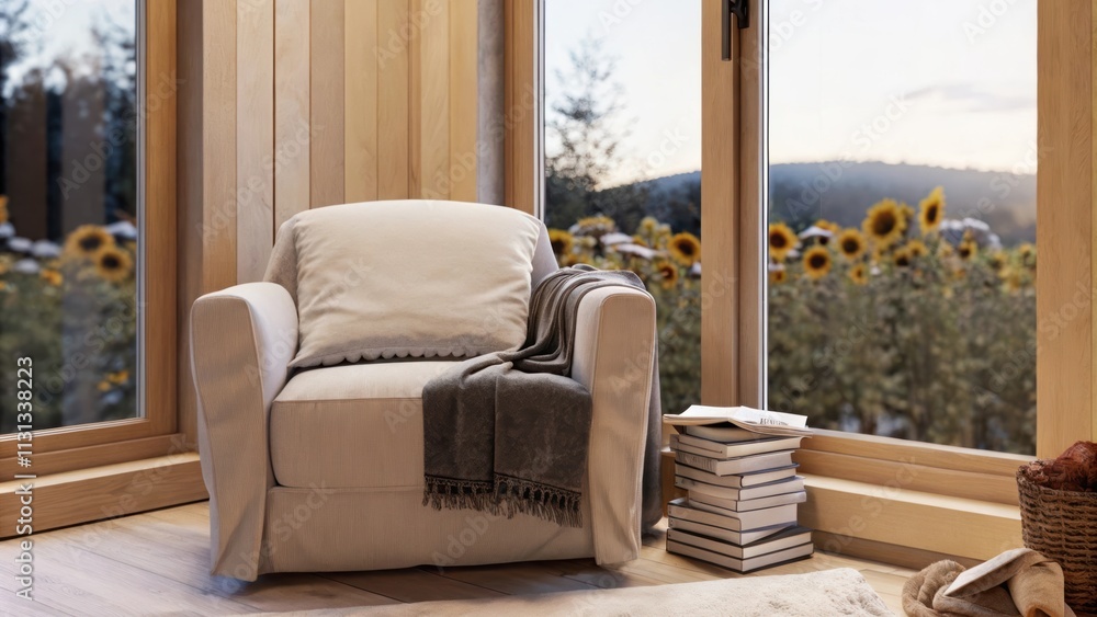 Poster a cozy reading nook featuring a plush armchair and a small bookshelf framed by wide windows that rev