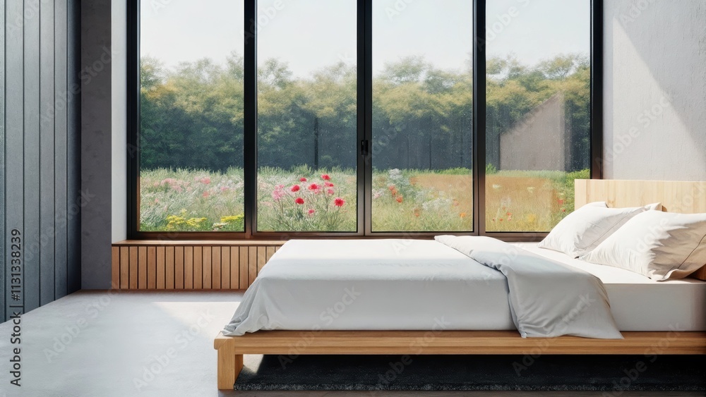 Poster a serene bedroom with soft taupe walls and a minimalist wooden bed dressed in white linens where a w