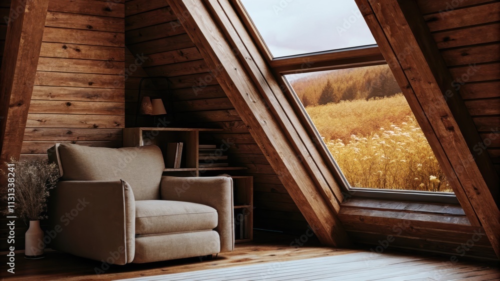 Poster a cozy reading nook with a neutraltoned armchair next to a floortoceiling window showcasing a pictur