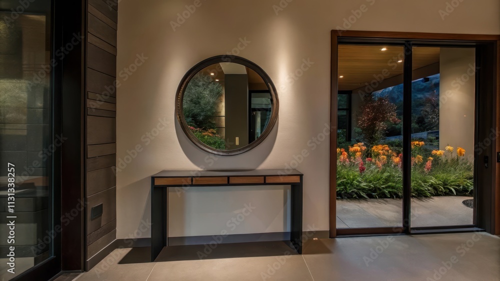 Poster A spacious entryway with neutralcolored walls and a minimalist console table where a round mirror reflects the vivid wildflower garden visible through a large window adding depth