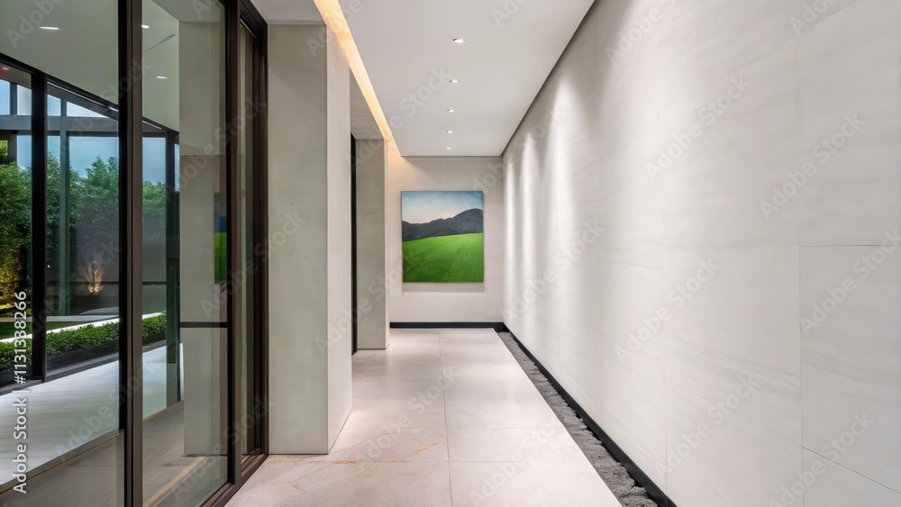 Poster A minimalistic hallway with whitewashed walls and polished stone flooring showcasing a large art piece that mirrors the colors of the rolling green landscape visible through the