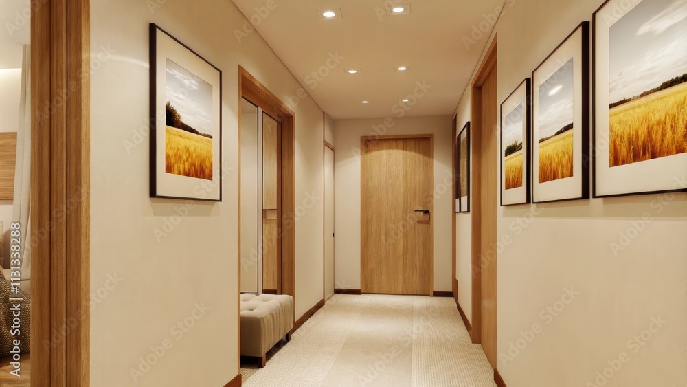 Poster A cozy hallway leading to various rooms adorned with framed photographs of golden wheat fields lending a rustic yet elegant touch to the minimalist decor.