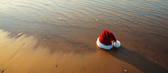 Obraz premium Santa Claus hat resting on sandy beach during summer sunset representing festive holiday spirit in warm tropical setting