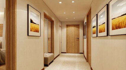 Fototapeta premium A cozy hallway leading to various rooms adorned with framed photographs of golden wheat fields lending a rustic yet elegant touch to the minimalist decor.
