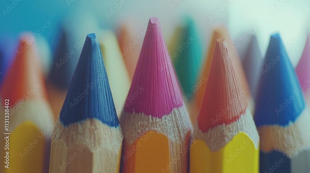 Poster Vibrant colored pencils arranged closely on a white background showcasing texture and depth with a shallow depth of field effect