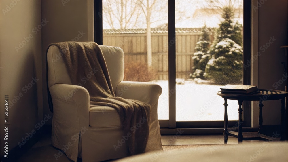 Leinwandbilder A serene reading nook with a plush white armchair and a small handmade side table positioned beside a floortoceiling window. A soft blanket is draped over the chair while a snowy