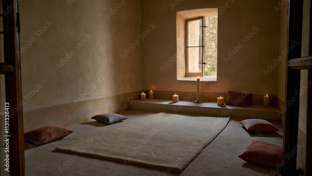 Poster a small meditation space with a soft neutral rug and cushions in various shades of burnt sienna. the