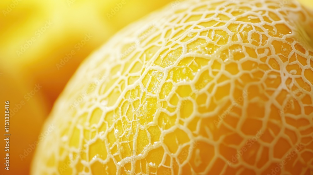 Poster Close up detail of yellow melon fruit showcasing intricate texture and patterns on the vine against a vibrant blurred background