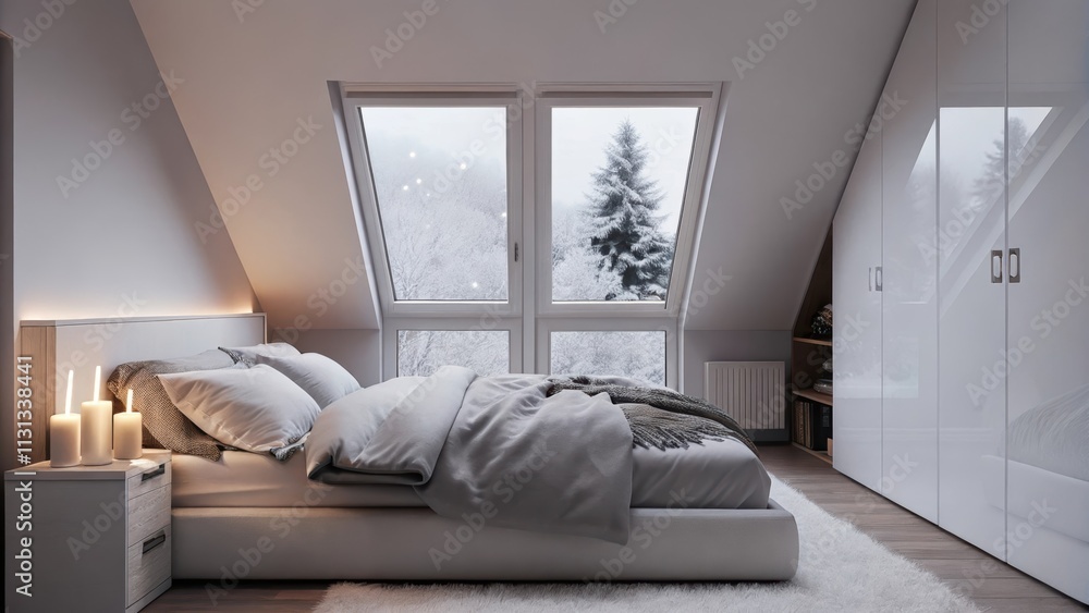 Poster an airy bedroom featuring a sleek white platform bed draped with a light gray duvet. several candles