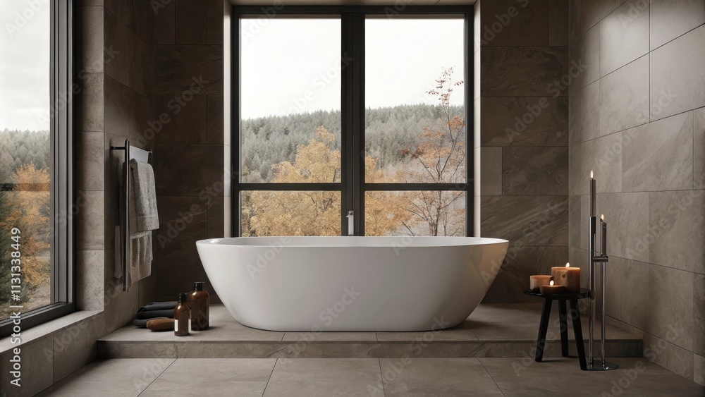 Poster a contemporary bathroom with a freestanding tub positioned under a window that frames a breathtaking