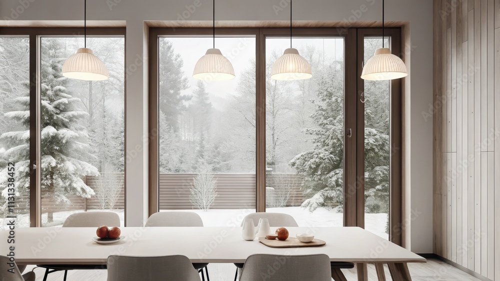 Poster a minimalist dining area featuring a long white table set with simple ceramic dishware. pendant ligh