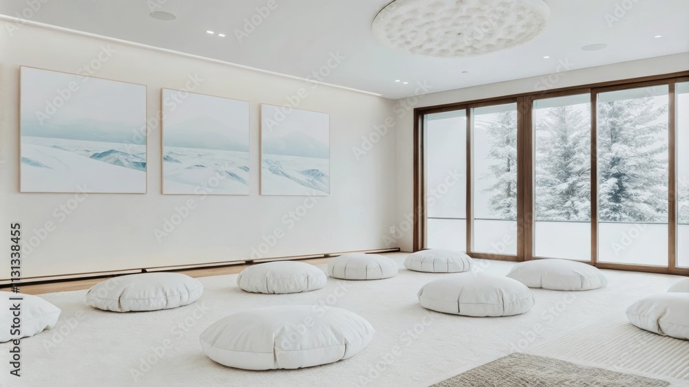 Poster a peaceful meditation room with soft white cushions arranged in a circle. the minimalist decor featu