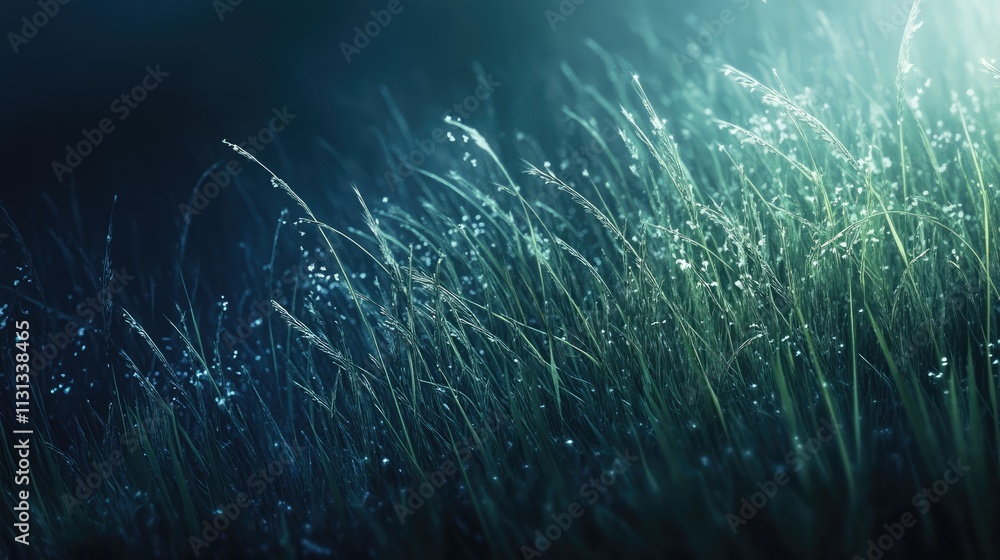 Poster close up of dew-kissed feather grass illuminated by soft light creating an atmospheric and serene na