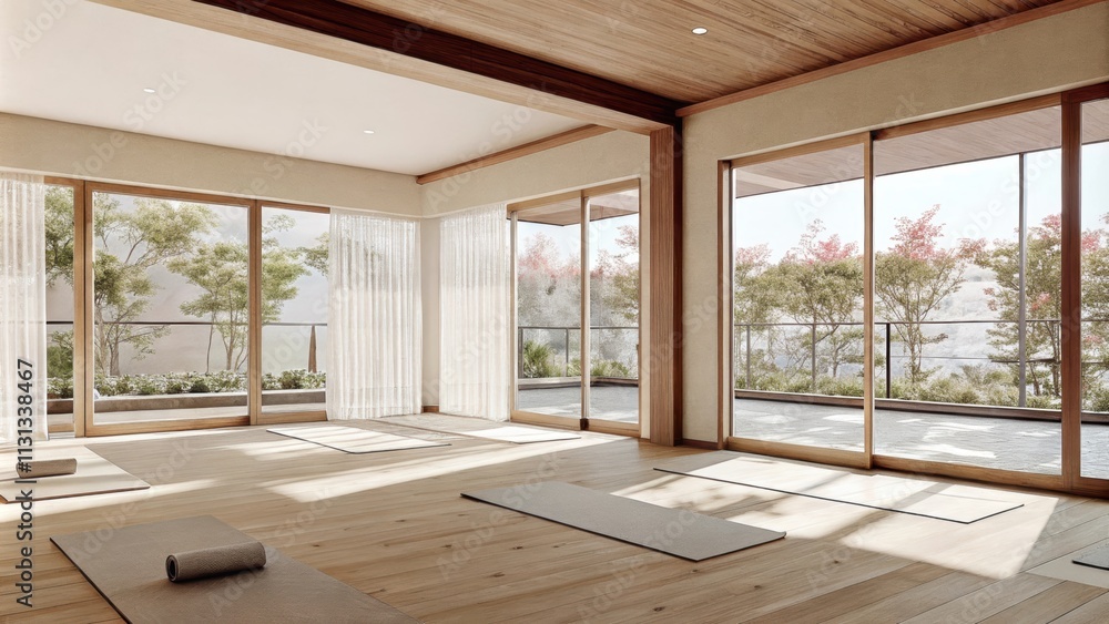Poster a chic yoga studio with hardwood floors and oversized windows letting in natural light offering a vi