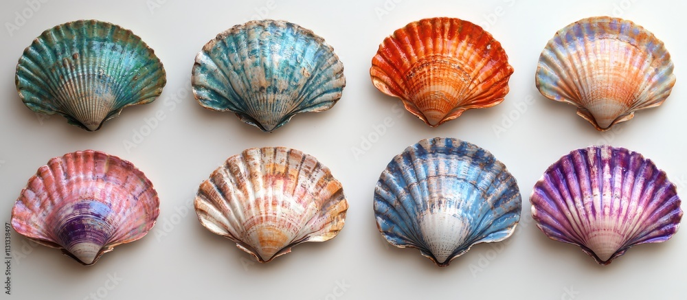 Poster Colorful enamel-coated clam shells artfully arranged showcasing creativity with recycled materials. Perfect for eco-friendly craft inspiration.