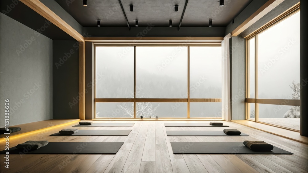 Poster a spacious yoga studio with muted gray walls and a smooth wooden floor. large windows frame the mist