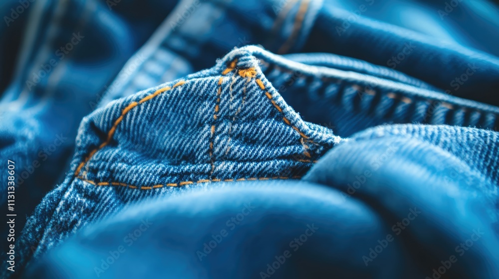 Poster close up texture of blue denim fabric showcasing intricate stitching and soft folds for fashion and 