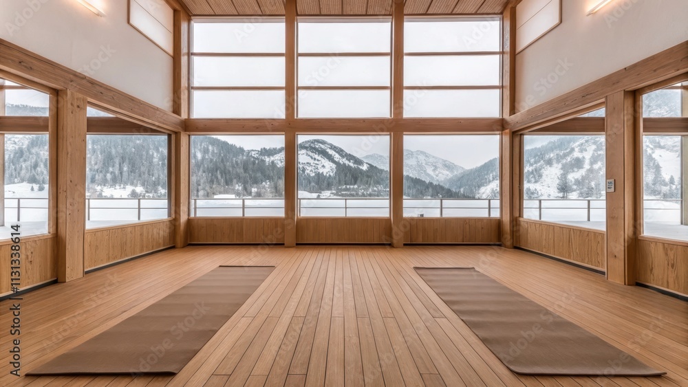 Aufkleber a spacious yoga studio with bamboo flooring and unobtrusive white walls accented by a wall of window