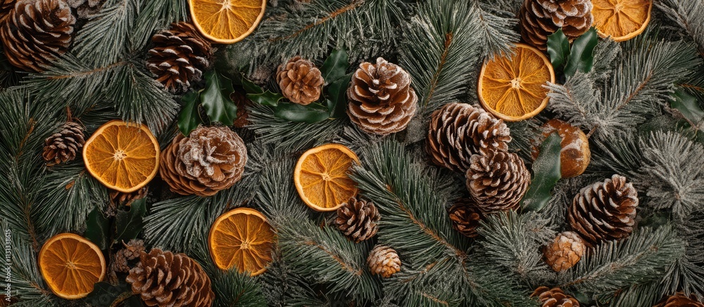 Aufkleber Handmade Christmas New Year decorations flatlay featuring pine cones dried oranges and branches creating a festive overhead view