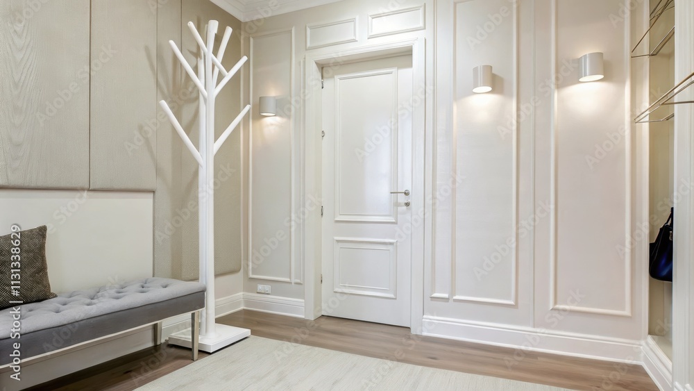 Aufkleber an entrance hall with a sculptural white coat rack and a bench upholstered in icy grey fabric agains