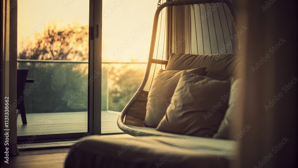 Poster  a hammock chair sways slightly surrounded by a few tered cushions as the warm golden hour light fills the space with a tranquil glow.
