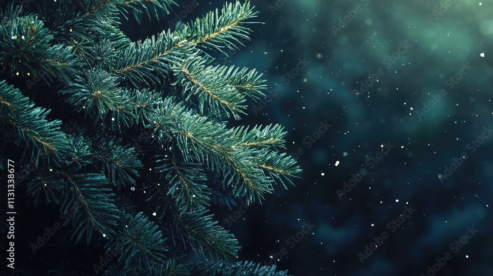 Poster winter forest scene with snowfall and evergreen branches for holiday background