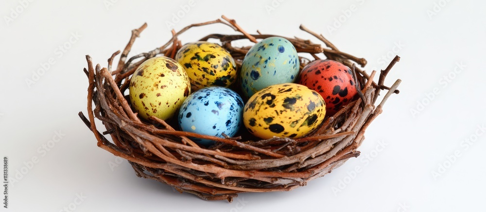 Poster colorful speckled quail eggs nestled in a rustic willow twig nest showcasing vibrant hues and natura
