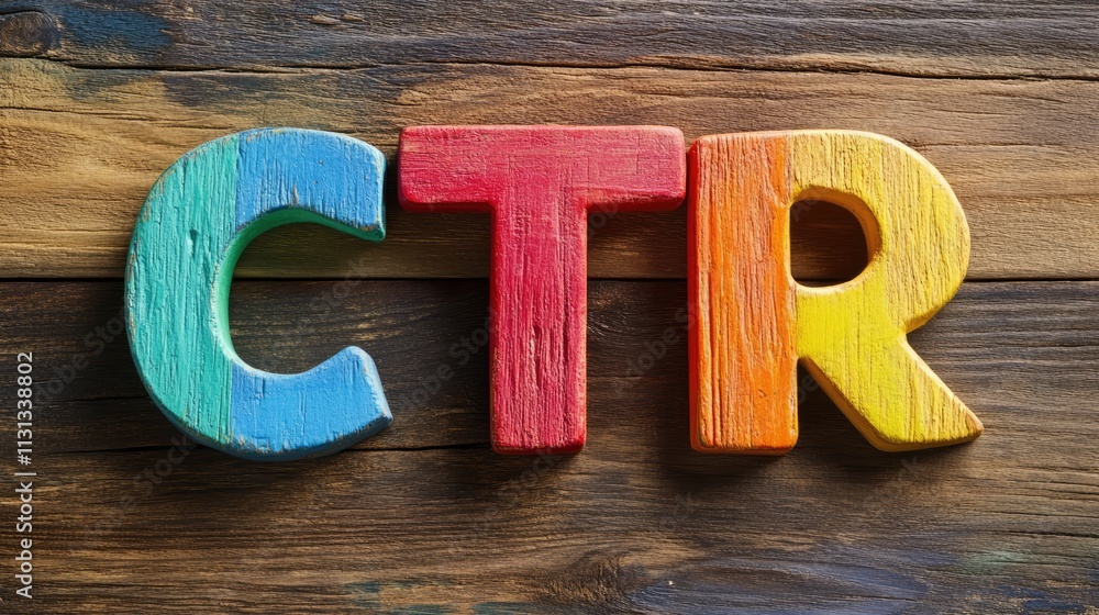 Poster colorful wooden letters spelling ctr on a rustic wooden background ideal for educational or creative