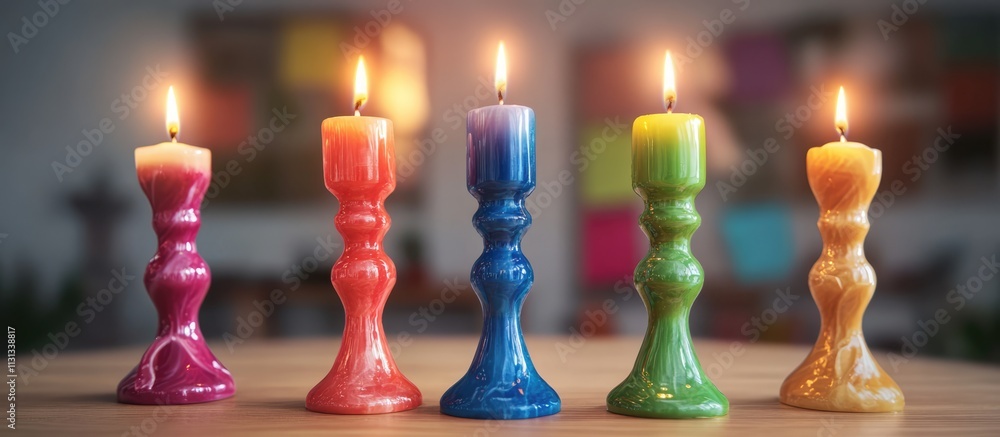 Aufkleber vibrant christmas candlesticks in various colors illuminated on a wooden table creating a festive at