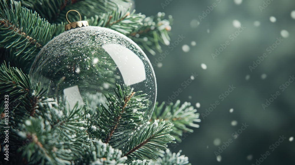 Aufkleber christmas tree branches adorned with a sparkling snow globe in a winter wonderland setting with soft
