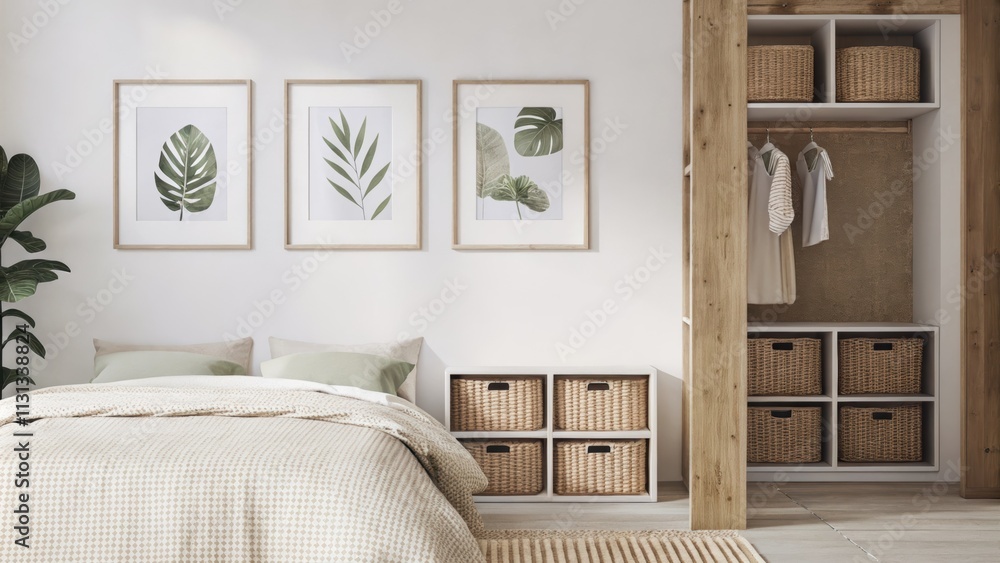Poster A tranquil bedroom adorned with natural linen bedding earthy wicker storage baskets and a gallery wall of botanical prints framed by leafy plants peeking out from each corner.