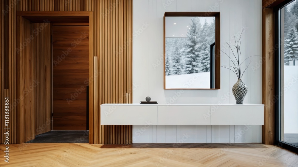 Poster A minimalist entryway with a sleek white console table adorned with a single geometric vase. Light bounces off a large frameless mirror enhancing the rooms sense of openness and