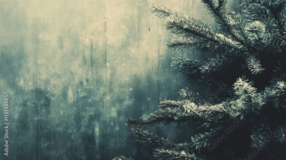 Poster vintage christmas tree branches against a rustic wooden backdrop with a faintly toned background for