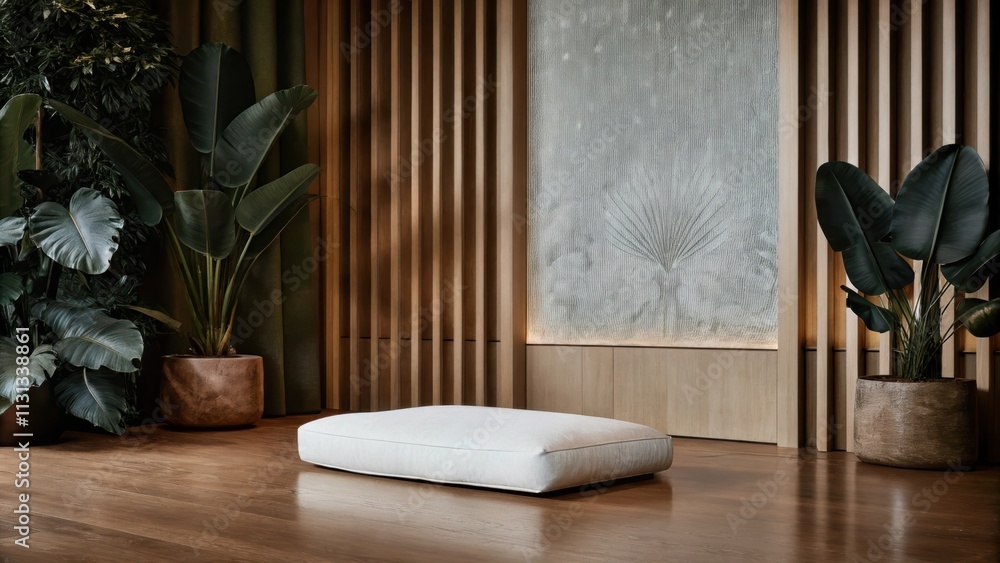 Poster a quiet meditation corner featuring a low white cushion on a polished wooden floor surrounded by lar