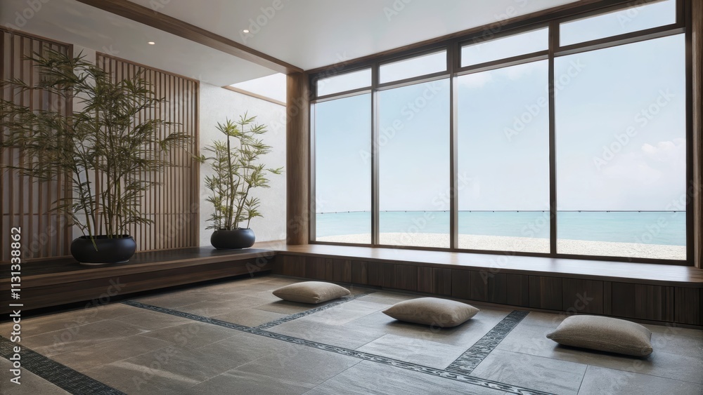 Poster A Zeninspired meditation space with a smooth stone floor and a few lowprofile cushions. The room is adorned with bamboo plants while a large window overlooks calm turquoise water