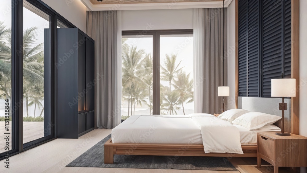 Poster a serene bedroom with a platform bed adorned in crisp white linens minimalist wooden furniture and l
